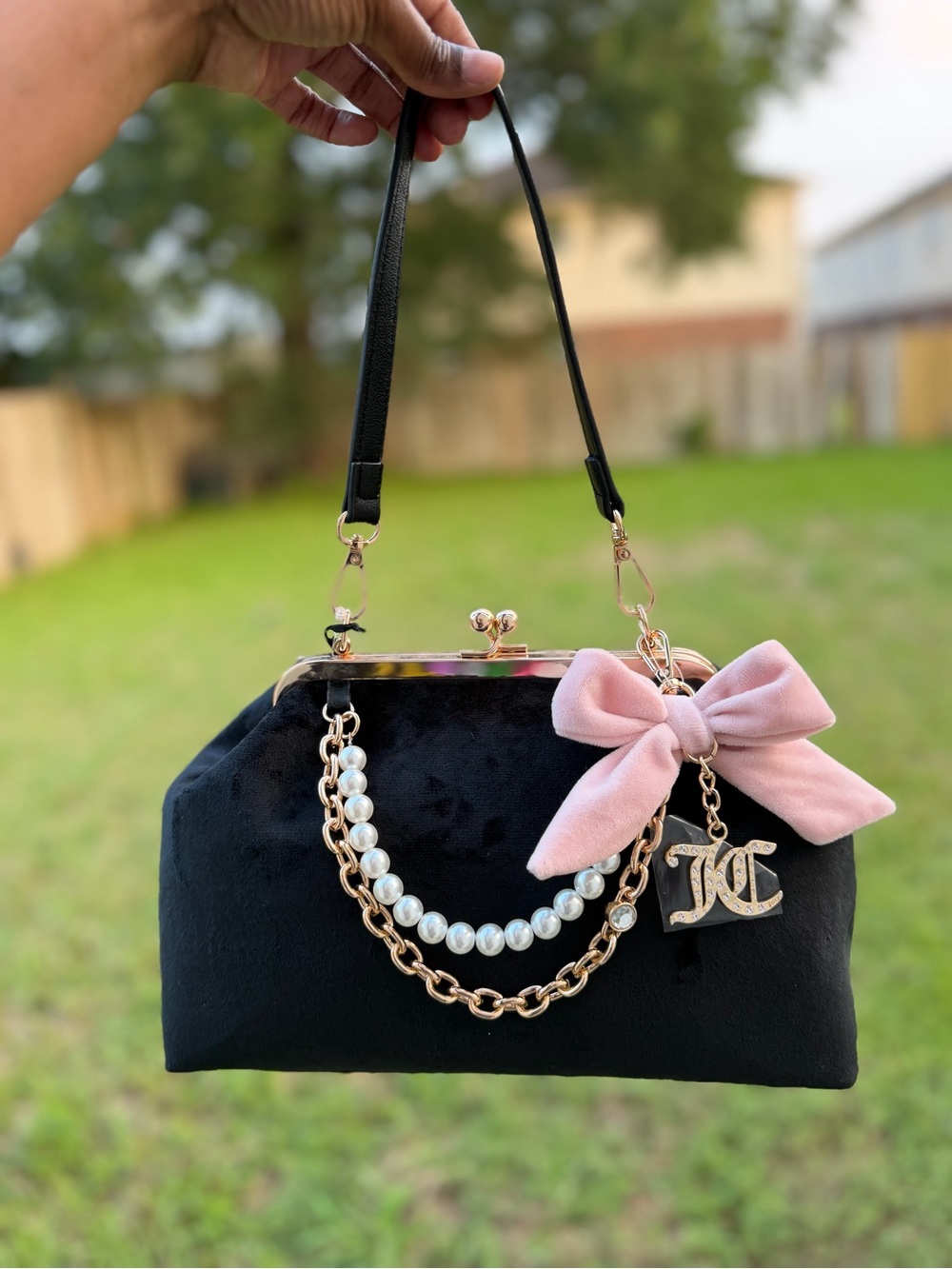 Juicy Couture Black Velvet Kiss Lock bag with Pink Bow Charm and Pearl Chain